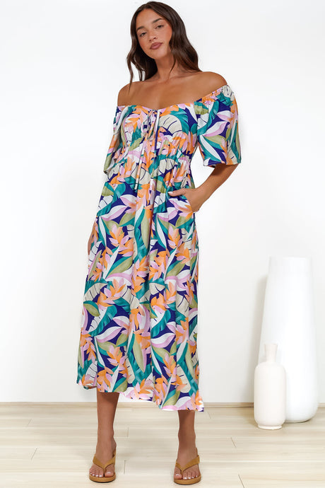 Elisha Midi Dress - On or Off Shoulder A-Line Dress with Empire Waistline in Leroy Print