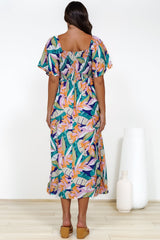 Elisha Midi Dress - On or Off Shoulder A-Line Dress with Empire Waistline in Leroy Print