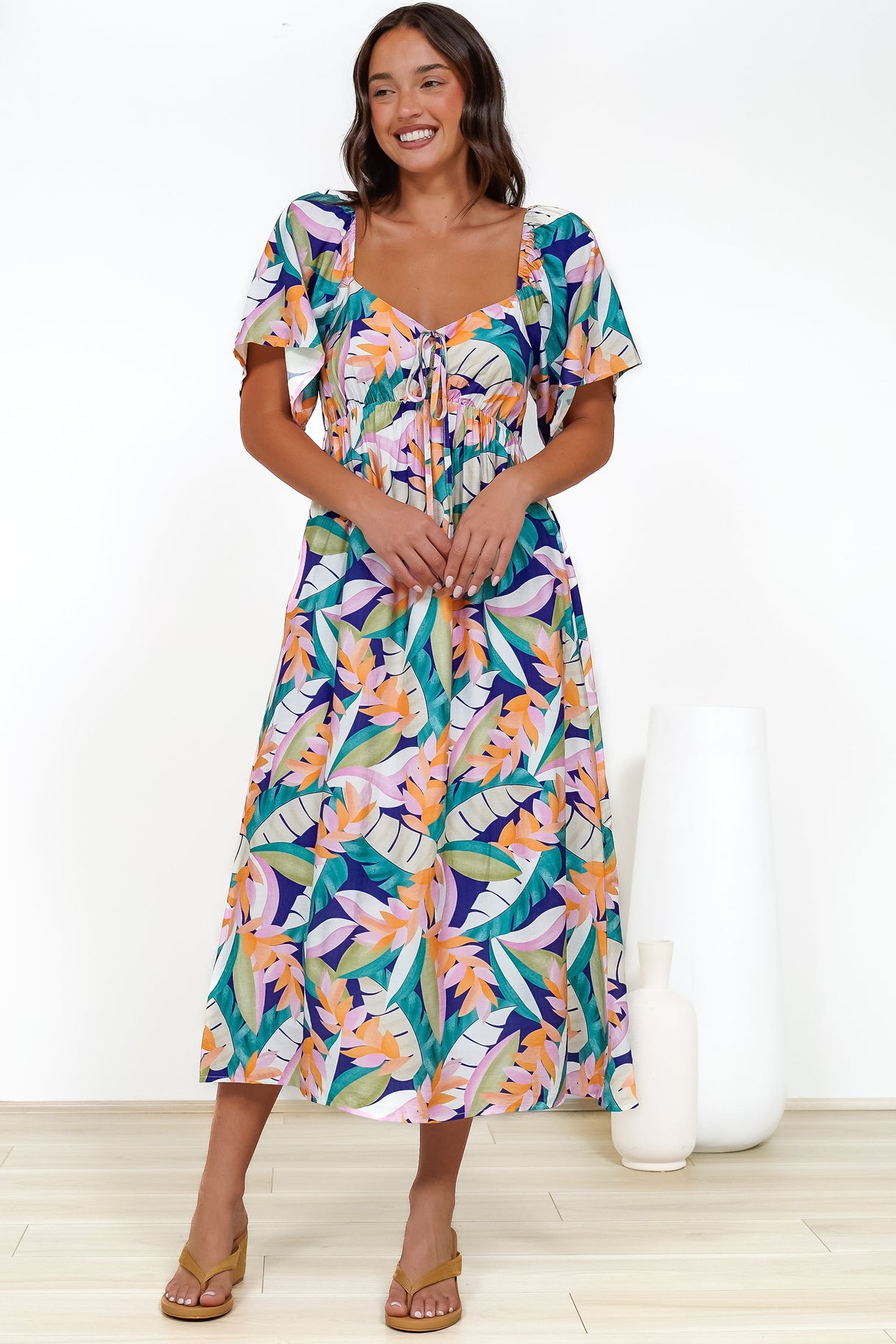 Elisha Midi Dress - On or Off Shoulder A-Line Dress with Empire Waistline in Leroy Print