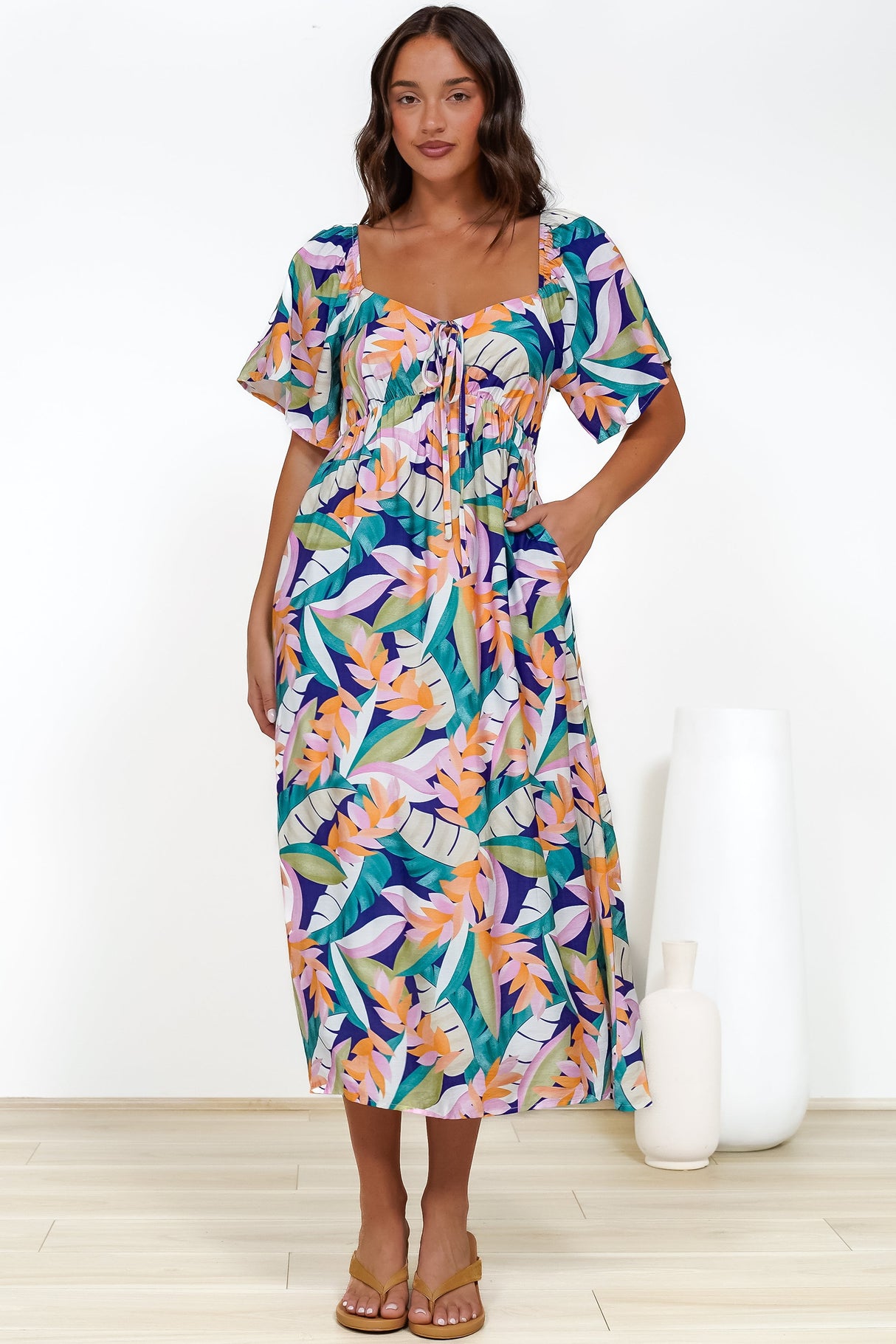 Elisha Midi Dress - On or Off Shoulder A-Line Dress with Empire Waistline in Leroy Print