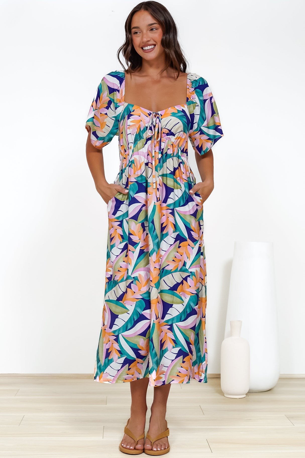 Elisha Midi Dress - On or Off Shoulder A-Line Dress with Empire Waistline in Leroy Print