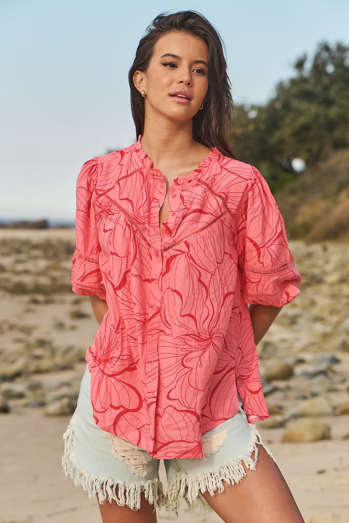 JAASE - Eliza Blouse: Frill Collar Button Down Lace Detailed Blouse in Rosella Print