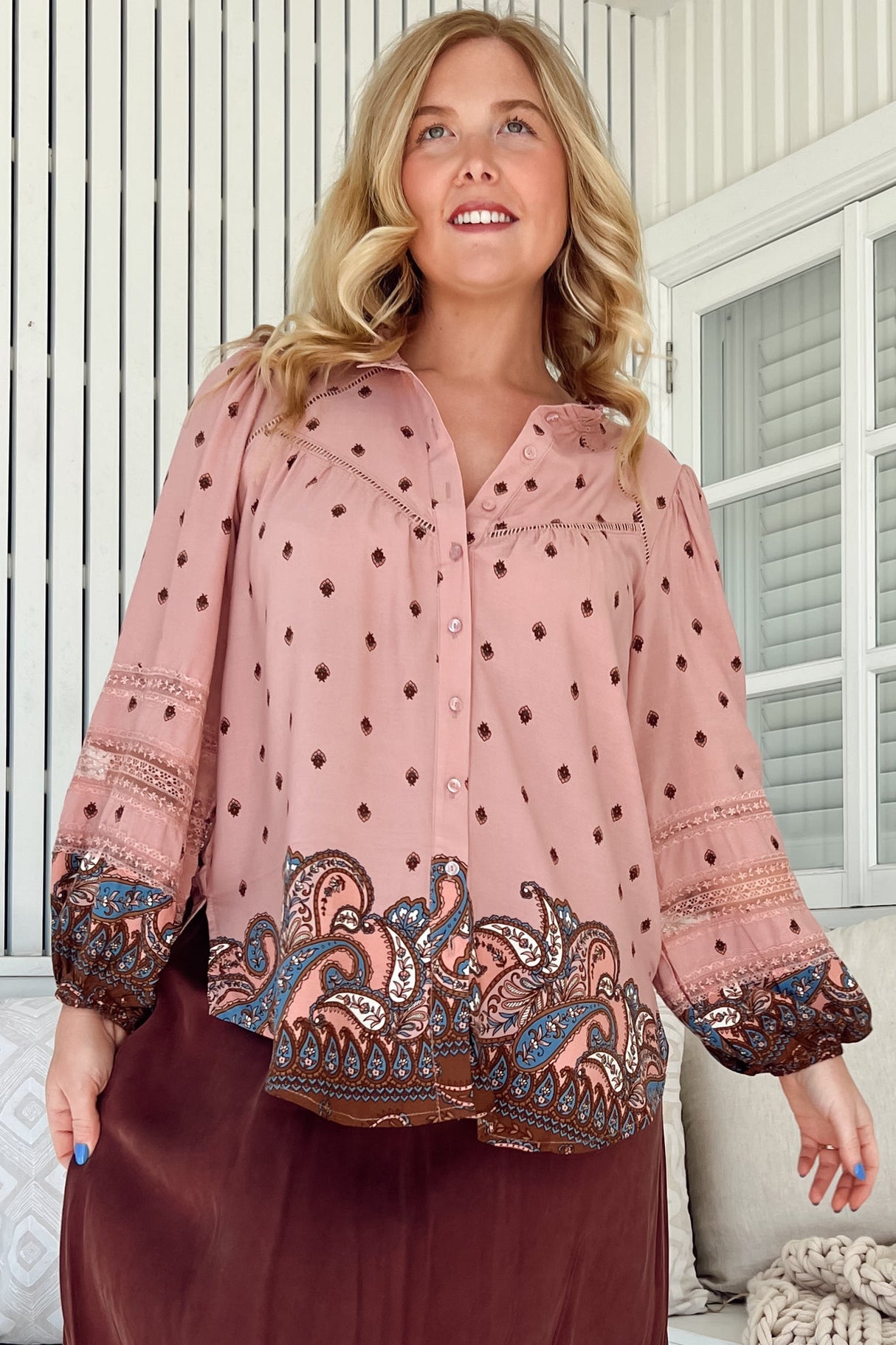 JAASE - Eliza Blouse: Frill Collar Button Down Lace Detailed Blouse in Seraphina Print