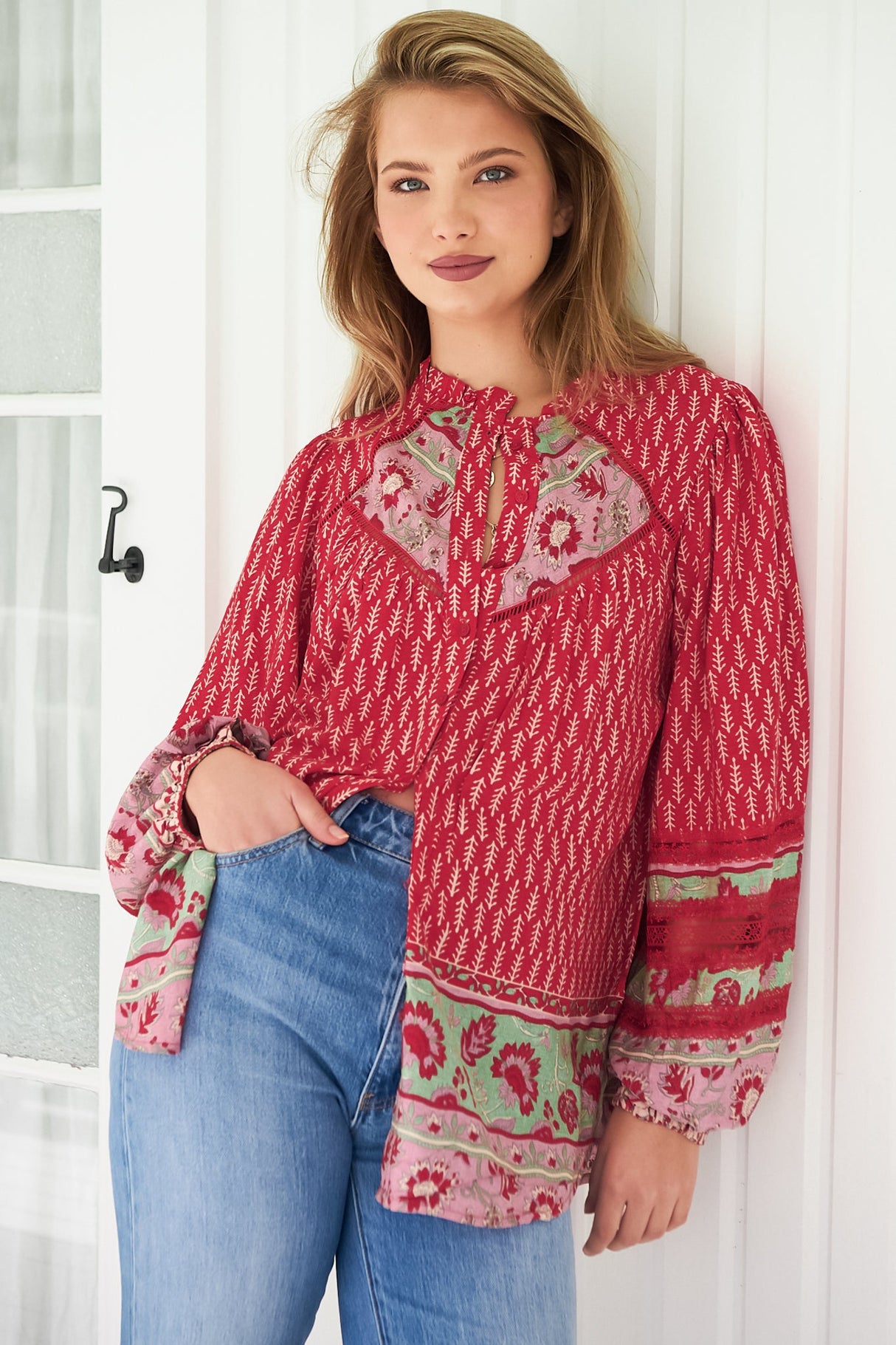 JAASE - Eliza Blouse: Frill Collar Button Down Lace Detailed Blouse in Zelie Print