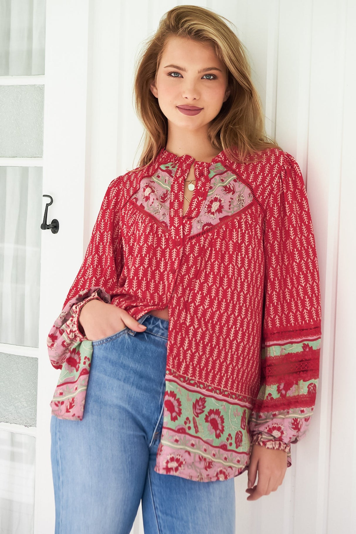 JAASE - Eliza Blouse: Frill Collar Button Down Lace Detailed Blouse in Zelie Print