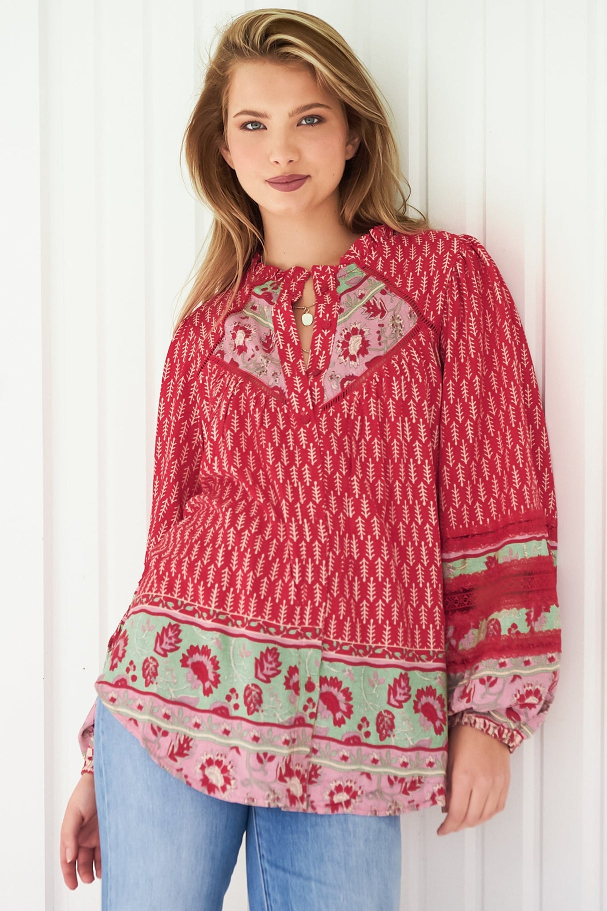 JAASE - Eliza Blouse: Frill Collar Button Down Lace Detailed Blouse in Zelie Print