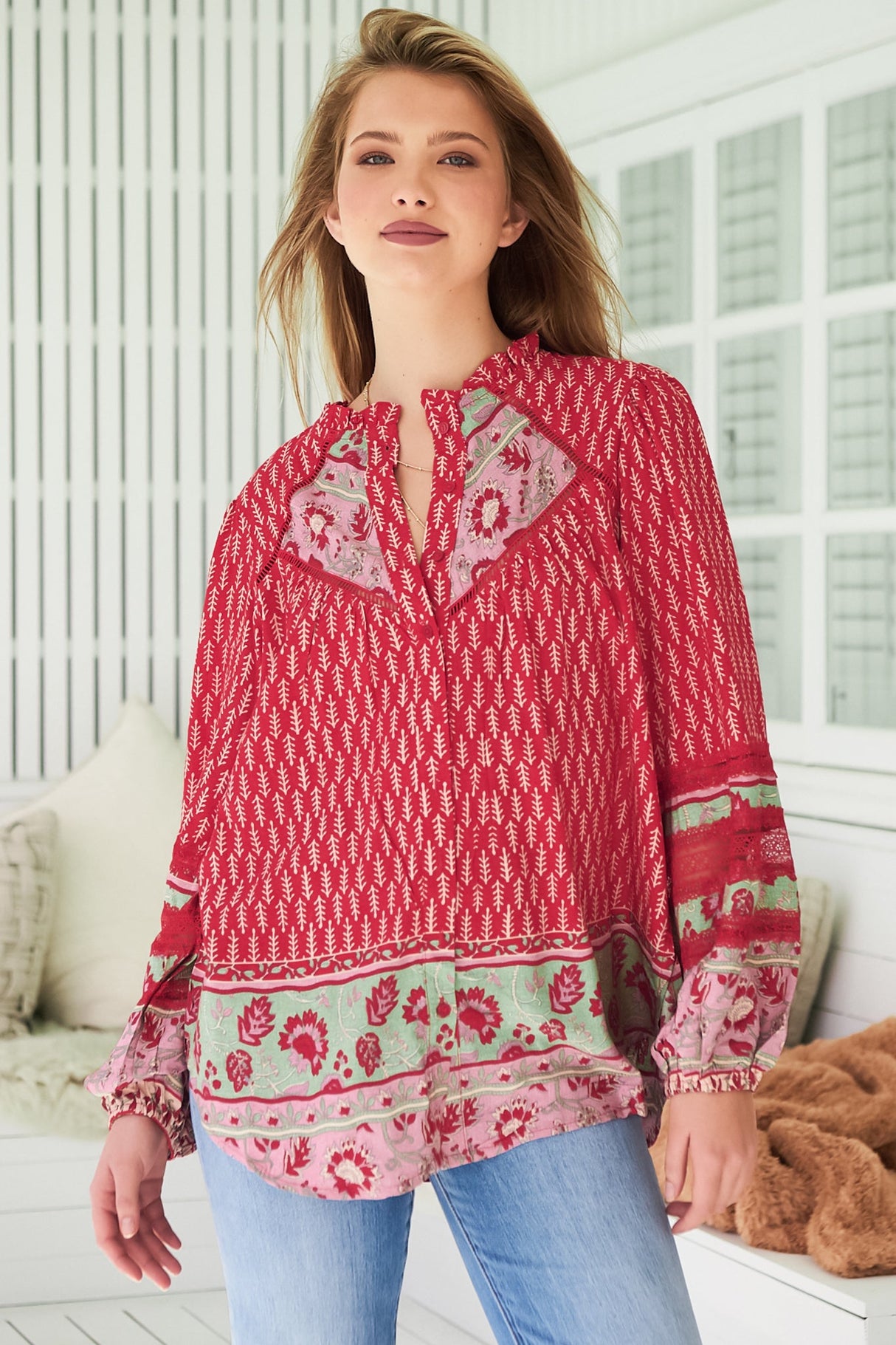 JAASE - Eliza Blouse: Frill Collar Button Down Lace Detailed Blouse in Zelie Print