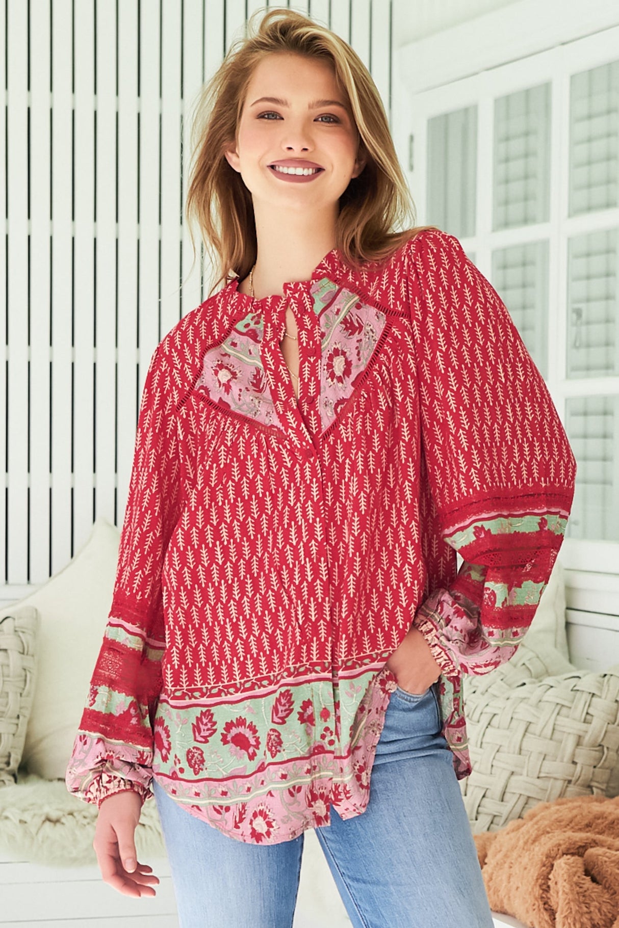 JAASE - Eliza Blouse: Frill Collar Button Down Lace Detailed Blouse in Zelie Print