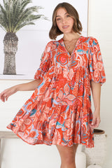 Elkie Mini Dress - Graphic Print Tiered Smock Dress with Balloon Sleeves