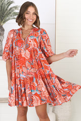 Elkie Mini Dress - Graphic Print Tiered Smock Dress with Balloon Sleeves