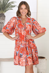 Elkie Mini Dress - Graphic Print Tiered Smock Dress with Balloon Sleeves