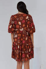 Elkie Mini Dress - Tiered Smock Dress with Balloon Sleeves in Flintstone Print