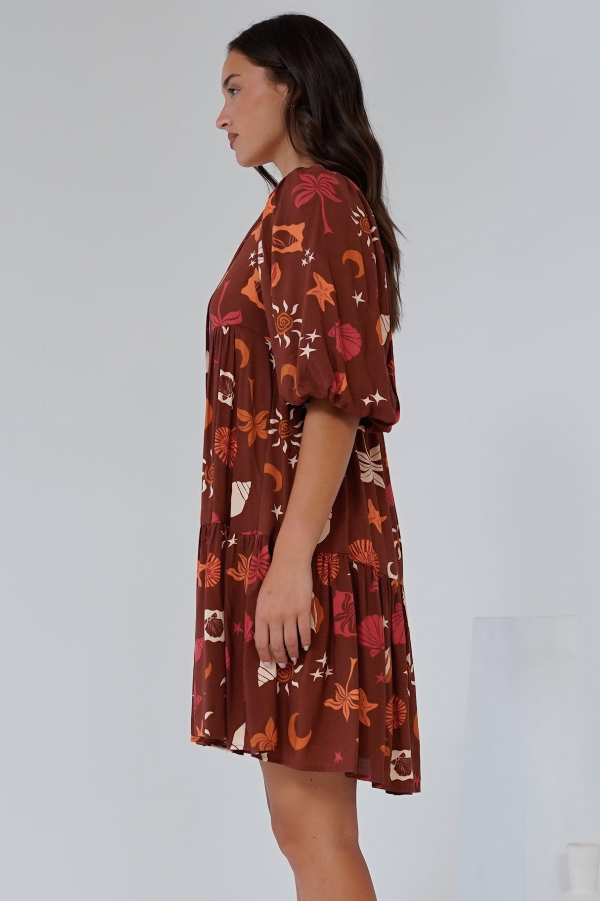 Elkie Mini Dress - Tiered Smock Dress with Balloon Sleeves in Flintstone Print