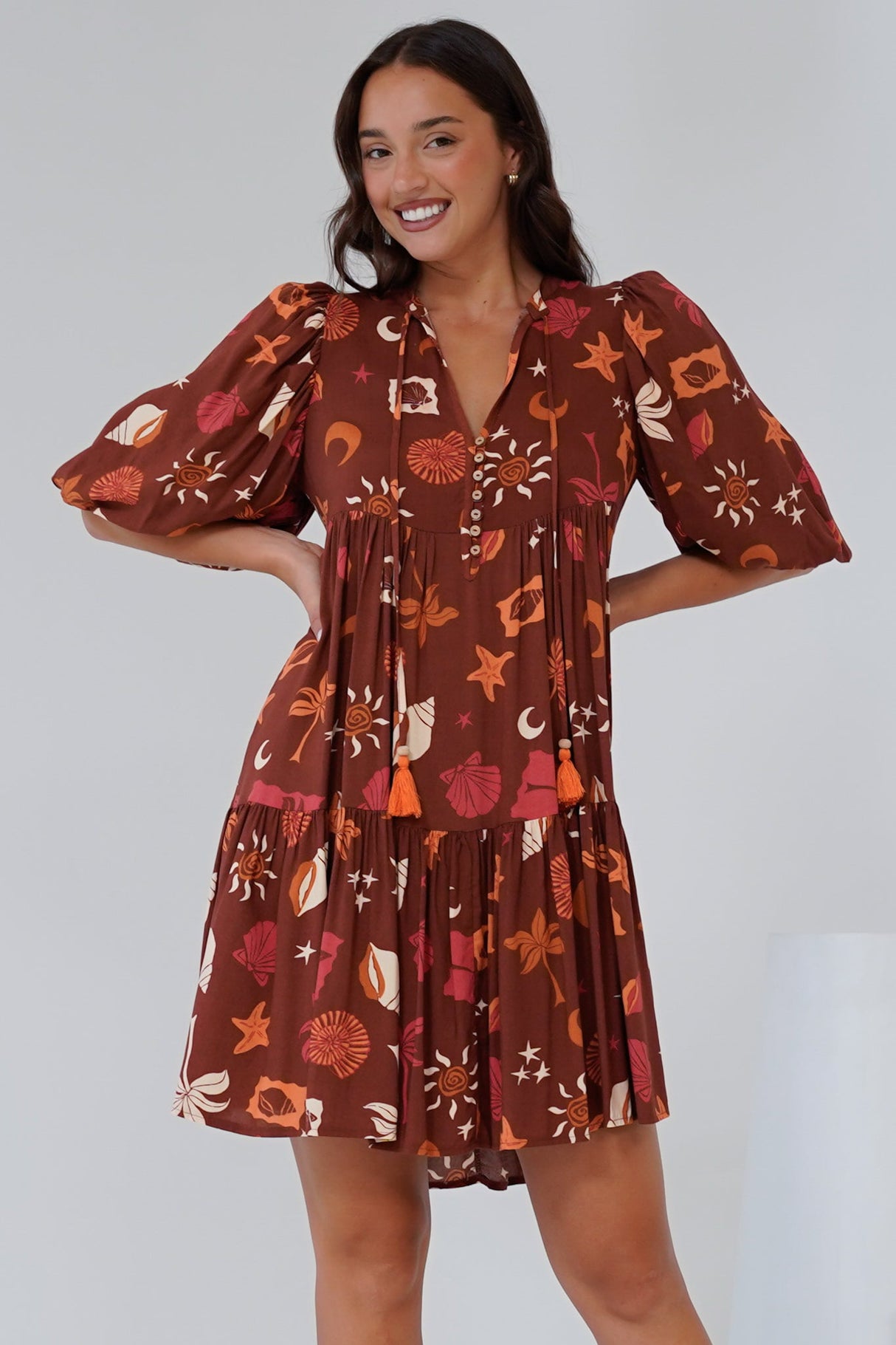 Elkie Mini Dress - Tiered Smock Dress with Balloon Sleeves in Flintstone Print