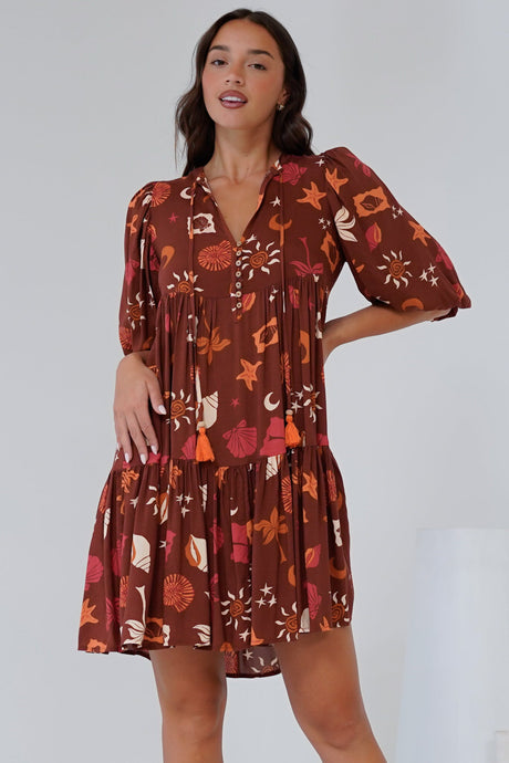 Elkie Mini Dress - Tiered Smock Dress with Balloon Sleeves in Flintstone Print