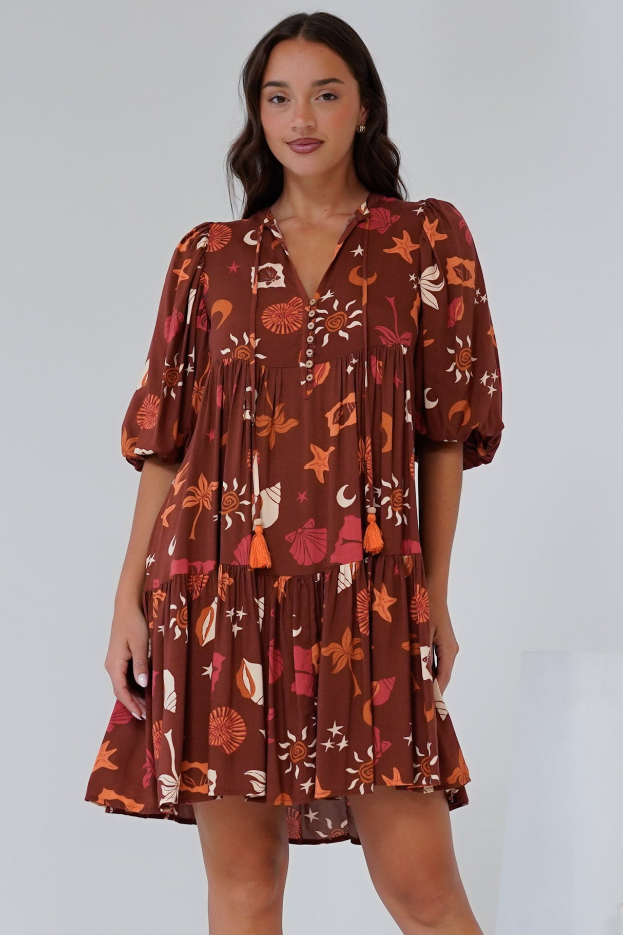 Elkie Mini Dress - Tiered Smock Dress with Balloon Sleeves in Flintstone Print