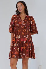 Elkie Mini Dress - Tiered Smock Dress with Balloon Sleeves in Flintstone Print