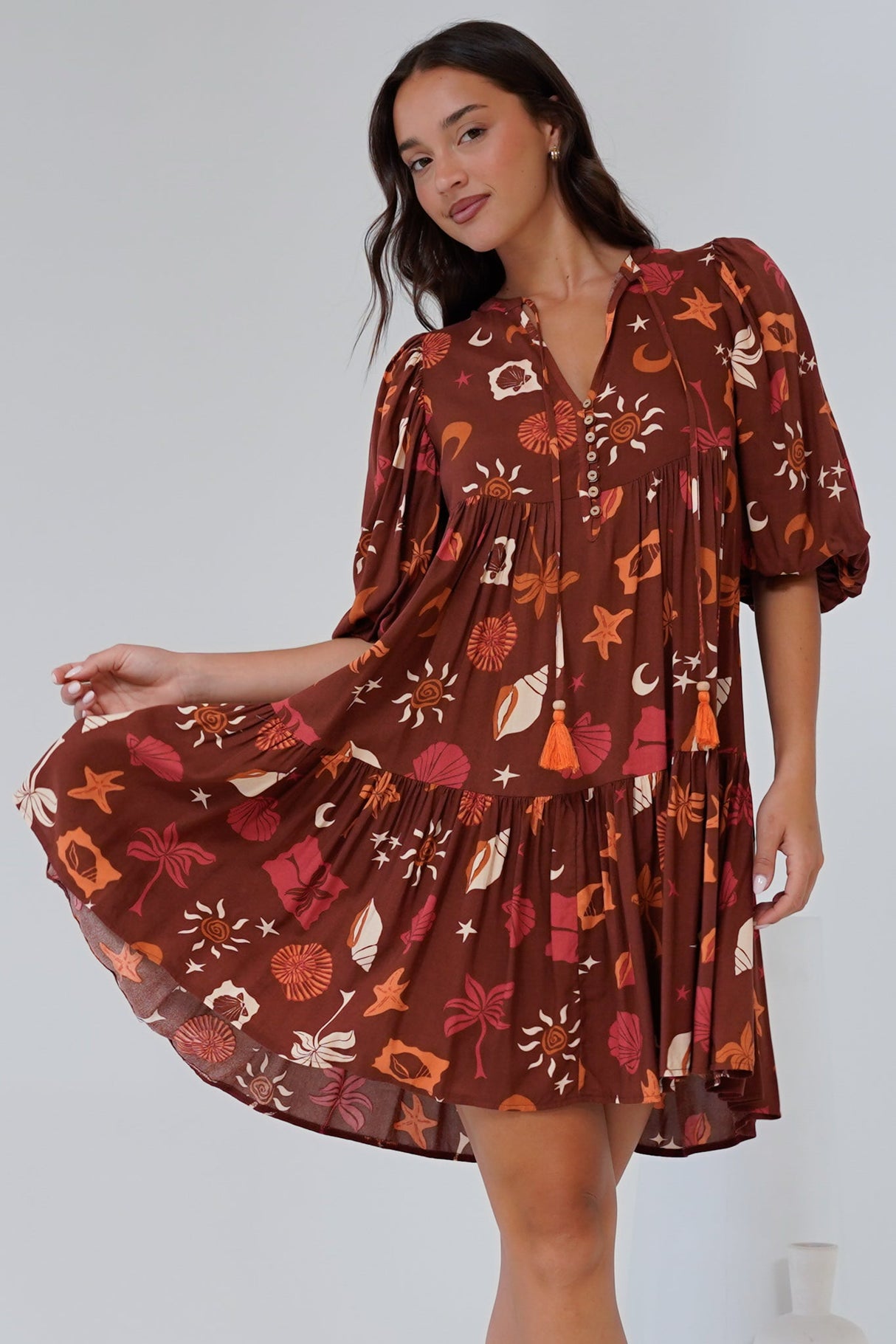 Elkie Mini Dress - Tiered Smock Dress with Balloon Sleeves in Flintstone Print