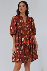 Elkie Mini Dress - Tiered Smock Dress with Balloon Sleeves in Flintstone Print