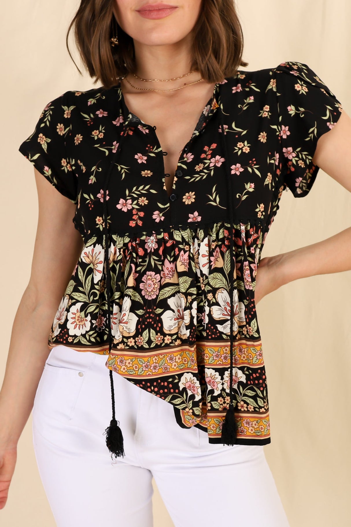 JAASE - Ella Top: Butterfly Cap Sleeve Smock Top with Neck Tie in Eternity Print