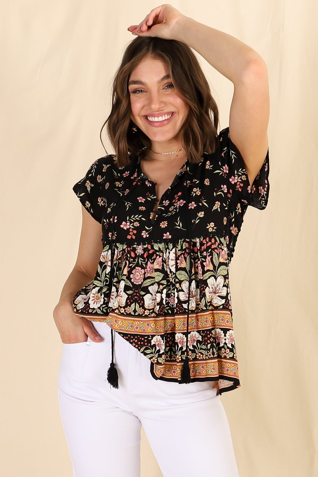 JAASE - Ella Top: Butterfly Cap Sleeve Smock Top with Neck Tie in Eternity Print