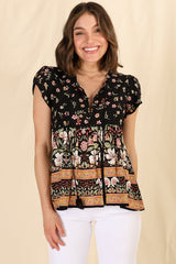 JAASE - Ella Top: Butterfly Cap Sleeve Smock Top with Neck Tie in Eternity Print