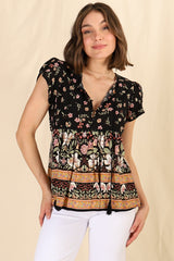 JAASE - Ella Top: Butterfly Cap Sleeve Smock Top with Neck Tie in Eternity Print