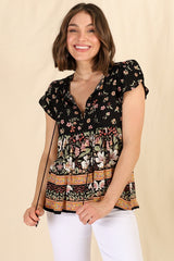 JAASE - Ella Top: Butterfly Cap Sleeve Smock Top with Neck Tie in Eternity Print