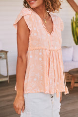 JAASE - Ella Top: Butterfly Cap Sleeve Smock Top with Neck Tie in Peach Island Print