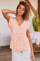 JAASE - Ella Top: Butterfly Cap Sleeve Smock Top with Neck Tie in Peach Island Print