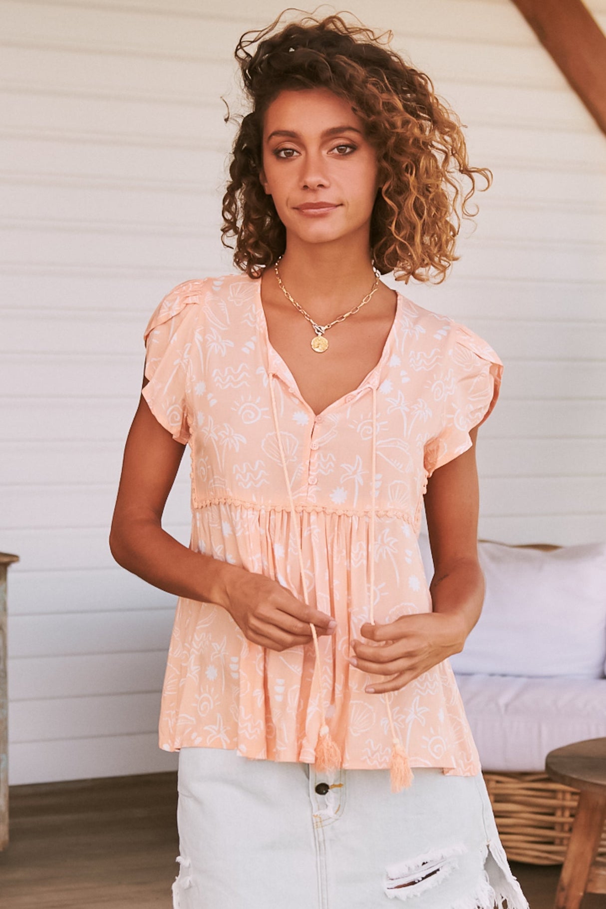 JAASE - Ella Top: Butterfly Cap Sleeve Smock Top with Neck Tie in Peach Island Print