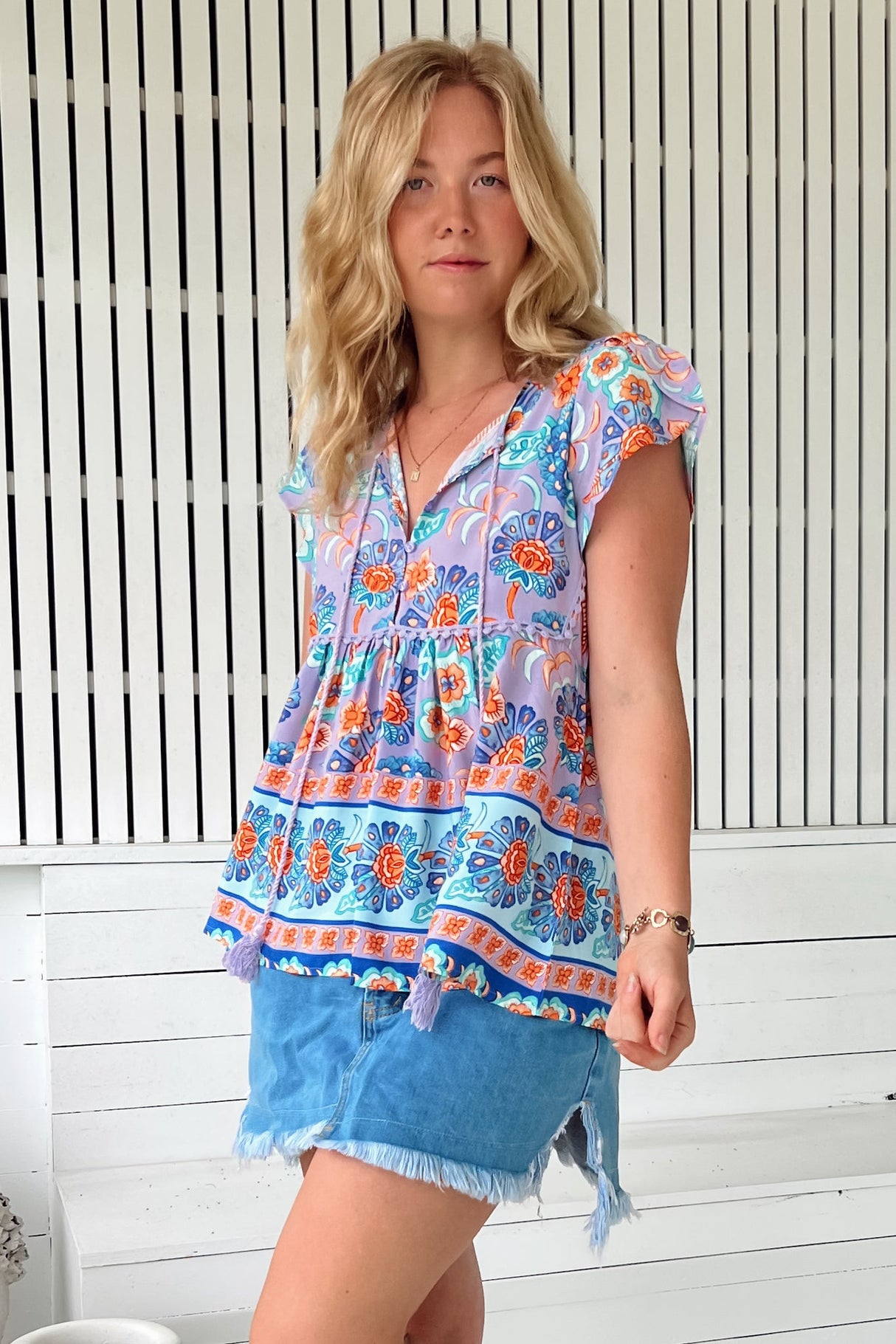 JAASE - Ella Top: Butterfly Cap Sleeve Smock Top with Neck Tie in Daydreamer Print