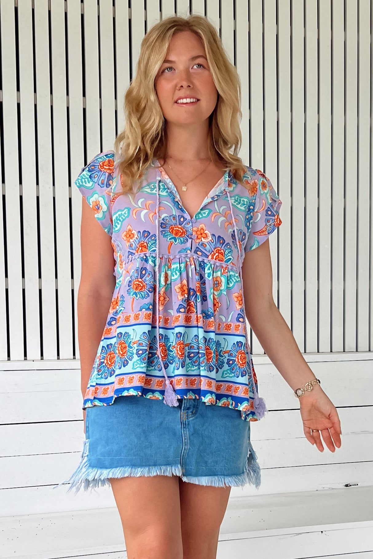 JAASE - Ella Top: Butterfly Cap Sleeve Smock Top with Neck Tie in Daydreamer Print