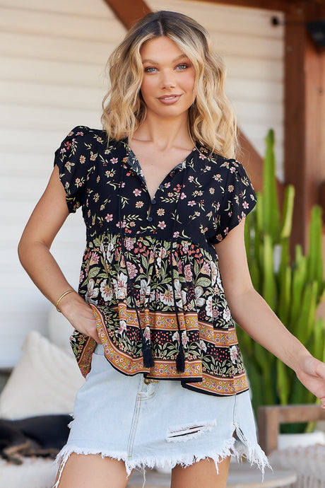 JAASE - Ella Top: Butterfly Cap Sleeve Smock Top with Neck Tie in Eternity Print