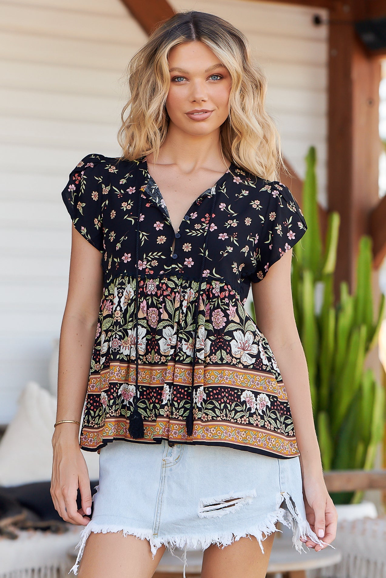 JAASE - Ella Top: Butterfly Cap Sleeve Smock Top with Neck Tie in Eternity Print