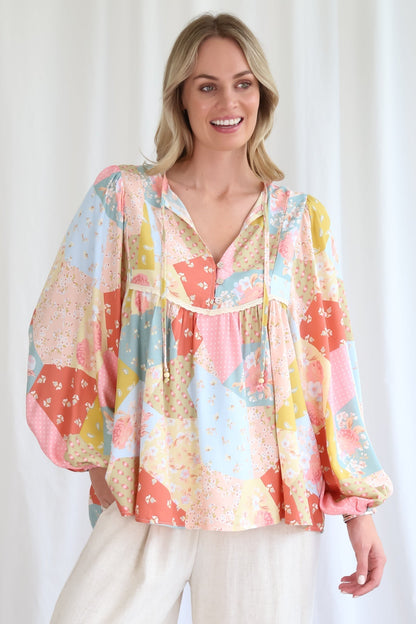 Ellabella Blouse - V Neck Smock Top with Long Balloon Sleeves in Patchwork Print