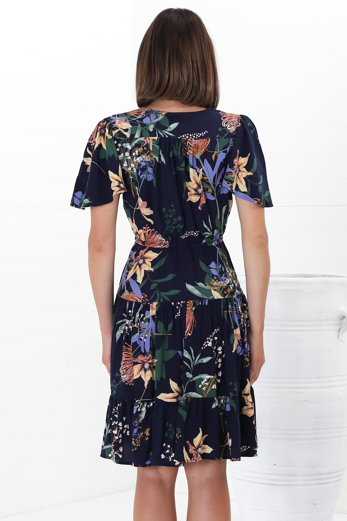 Elle Mini Dress - Buttoned Bodice A-Line Dress with Flute Sleeves in Raven Print Navy