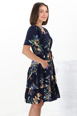 Elle Mini Dress - Buttoned Bodice A-Line Dress with Flute Sleeves in Raven Print Navy