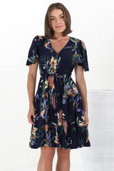 Elle Mini Dress - Buttoned Bodice A-Line Dress with Flute Sleeves in Raven Print Navy