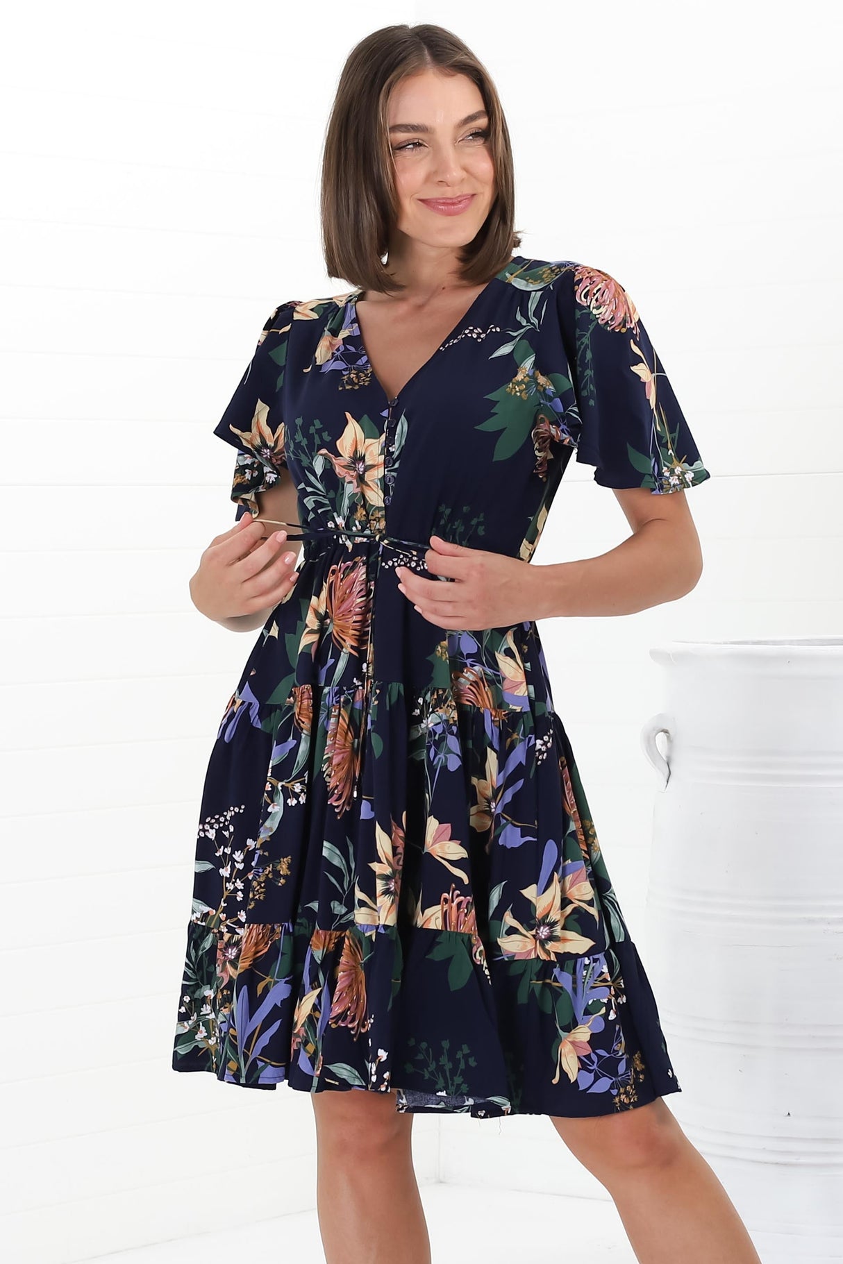 Elle Mini Dress - Buttoned Bodice A-Line Dress with Flute Sleeves in Raven Print Navy