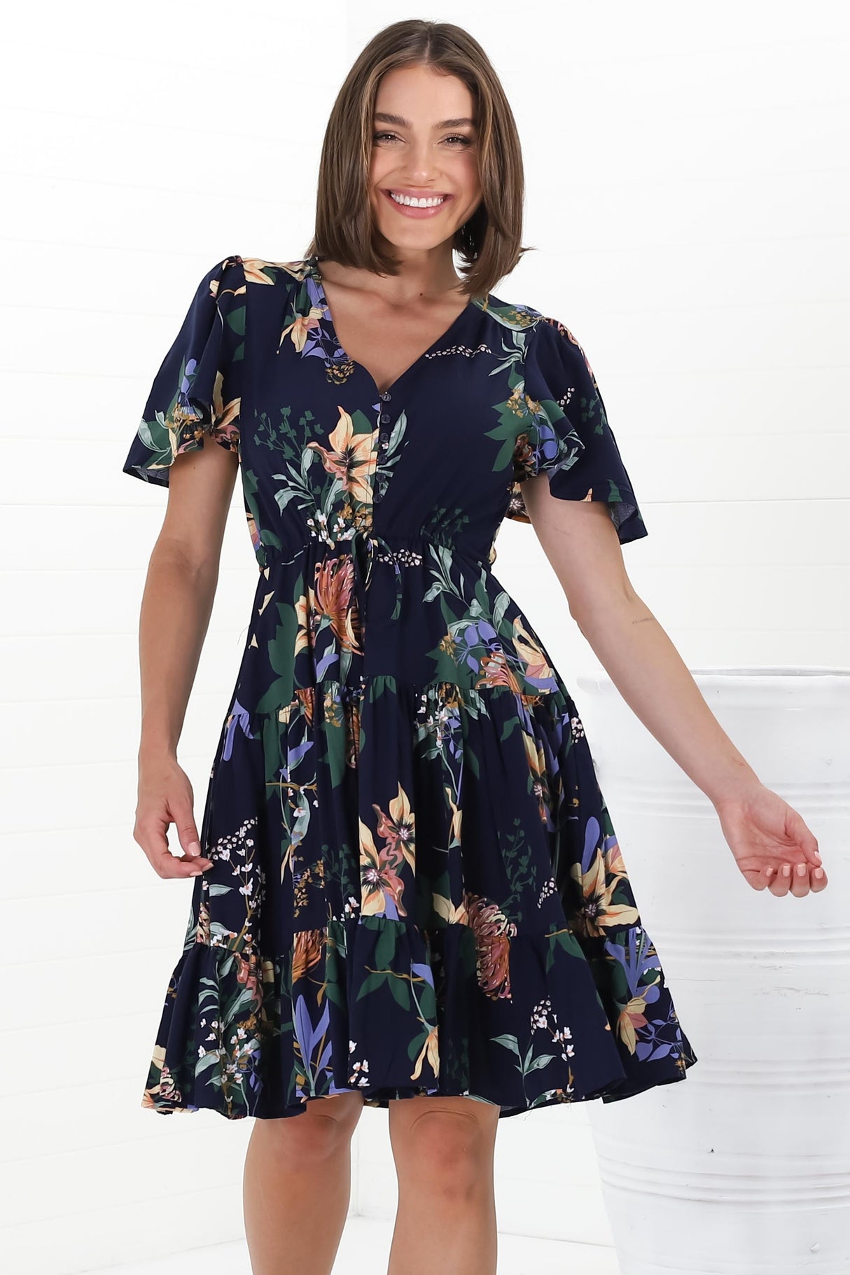 Elle Mini Dress - Buttoned Bodice A-Line Dress with Flute Sleeves in Raven Print Navy