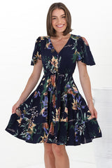 Elle Mini Dress - Buttoned Bodice A-Line Dress with Flute Sleeves in Raven Print Navy