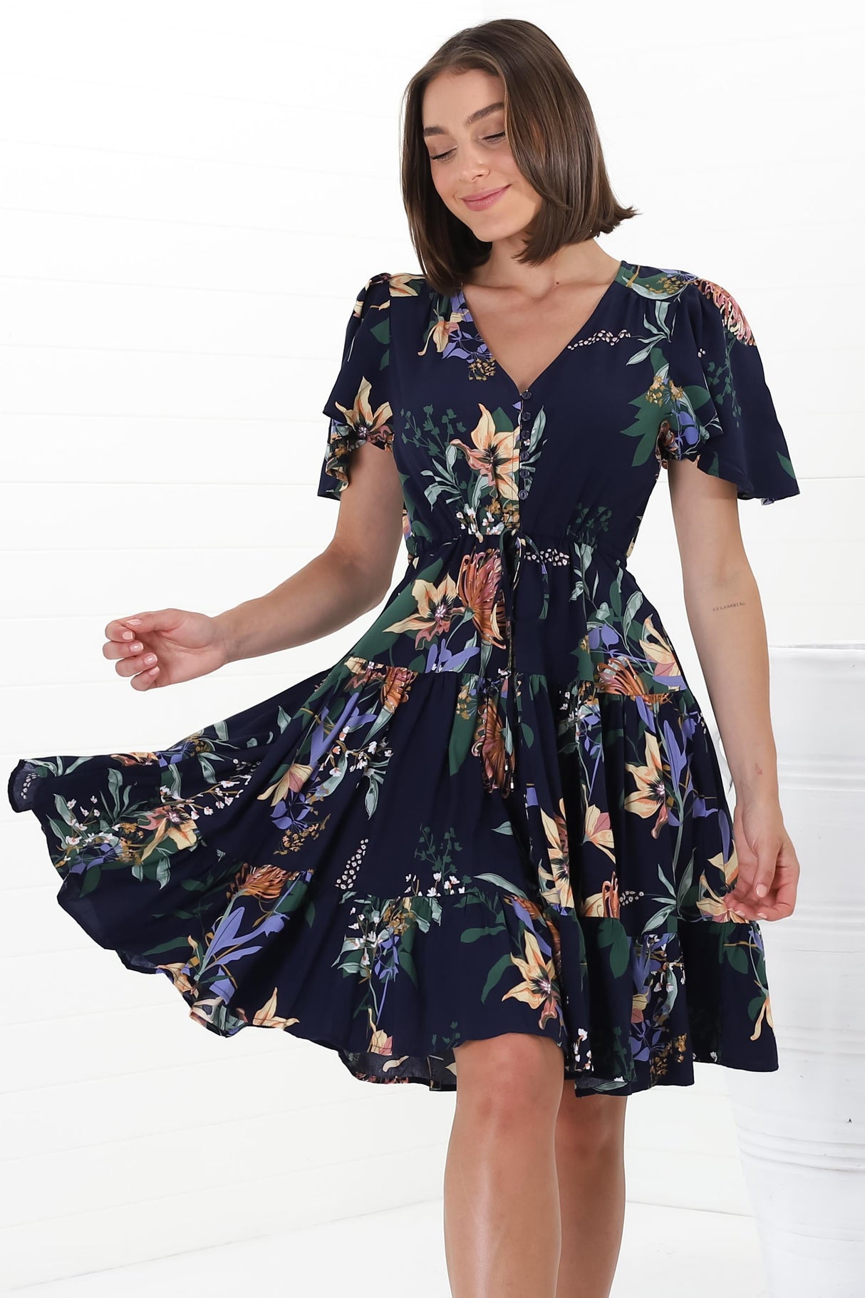 Elle Mini Dress - Buttoned Bodice A-Line Dress with Flute Sleeves in Raven Print Navy