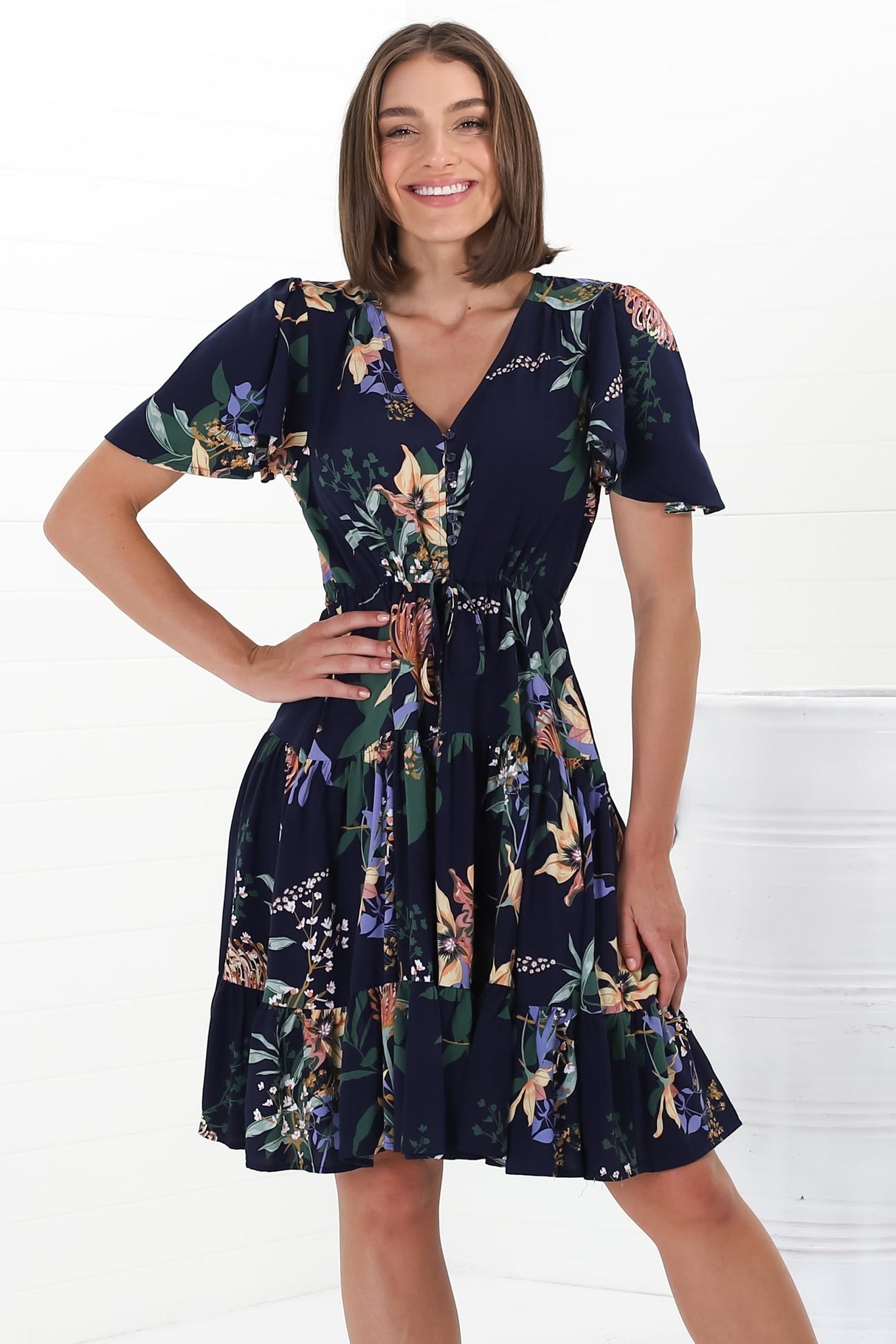 Elle Mini Dress - Buttoned Bodice A-Line Dress with Flute Sleeves in Raven Print Navy