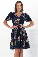 Elle Mini Dress - Buttoned Bodice A-Line Dress with Flute Sleeves in Raven Print Navy