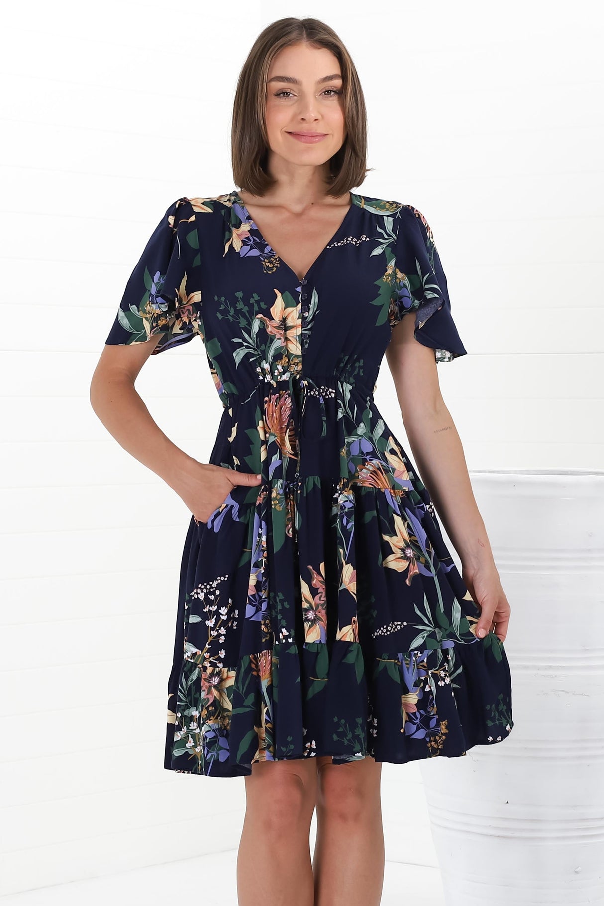 Elle Mini Dress - Buttoned Bodice A-Line Dress with Flute Sleeves in Raven Print Navy