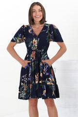 Elle Mini Dress - Buttoned Bodice A-Line Dress with Flute Sleeves in Raven Print Navy