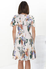 Elle Mini Dress - Buttoned Bodice A-Line Dress with Flute Sleeves in Raven Print White