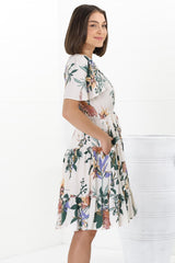 Elle Mini Dress - Buttoned Bodice A-Line Dress with Flute Sleeves in Raven Print White