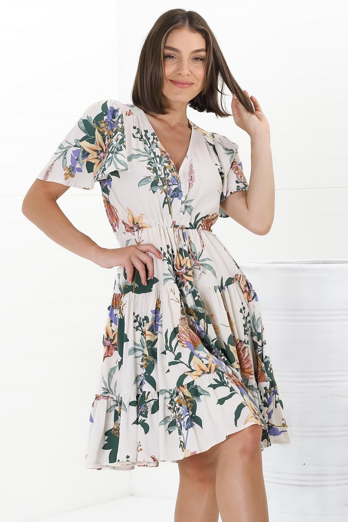 Elle Mini Dress - Buttoned Bodice A-Line Dress with Flute Sleeves in Raven Print White